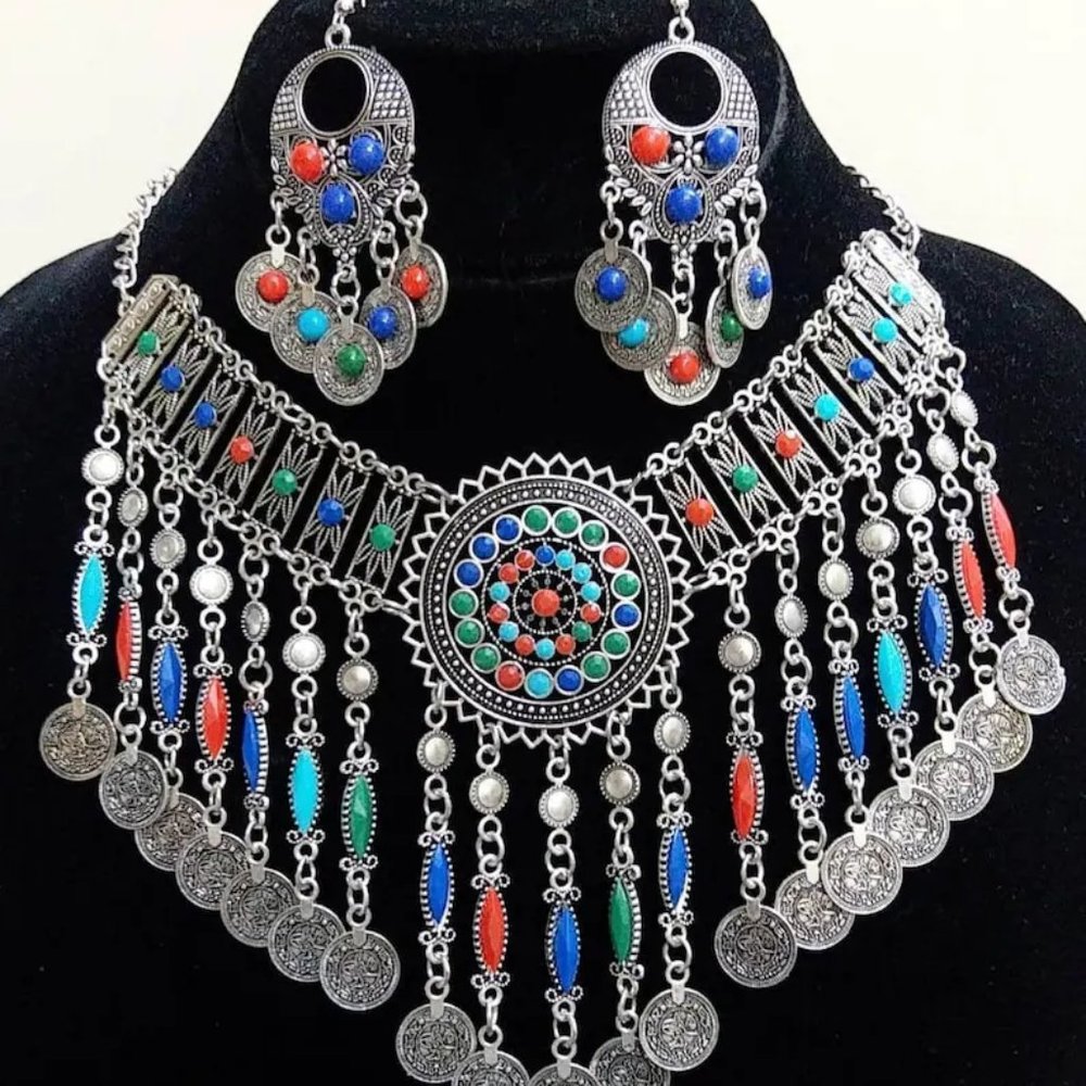 Afghan Multi-Bead Jewelry Set: Tribal Necklace and Earrings